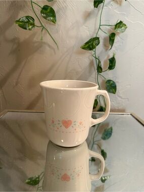 Corningware White Mug with Pink Heart and Pastel Floral Trim